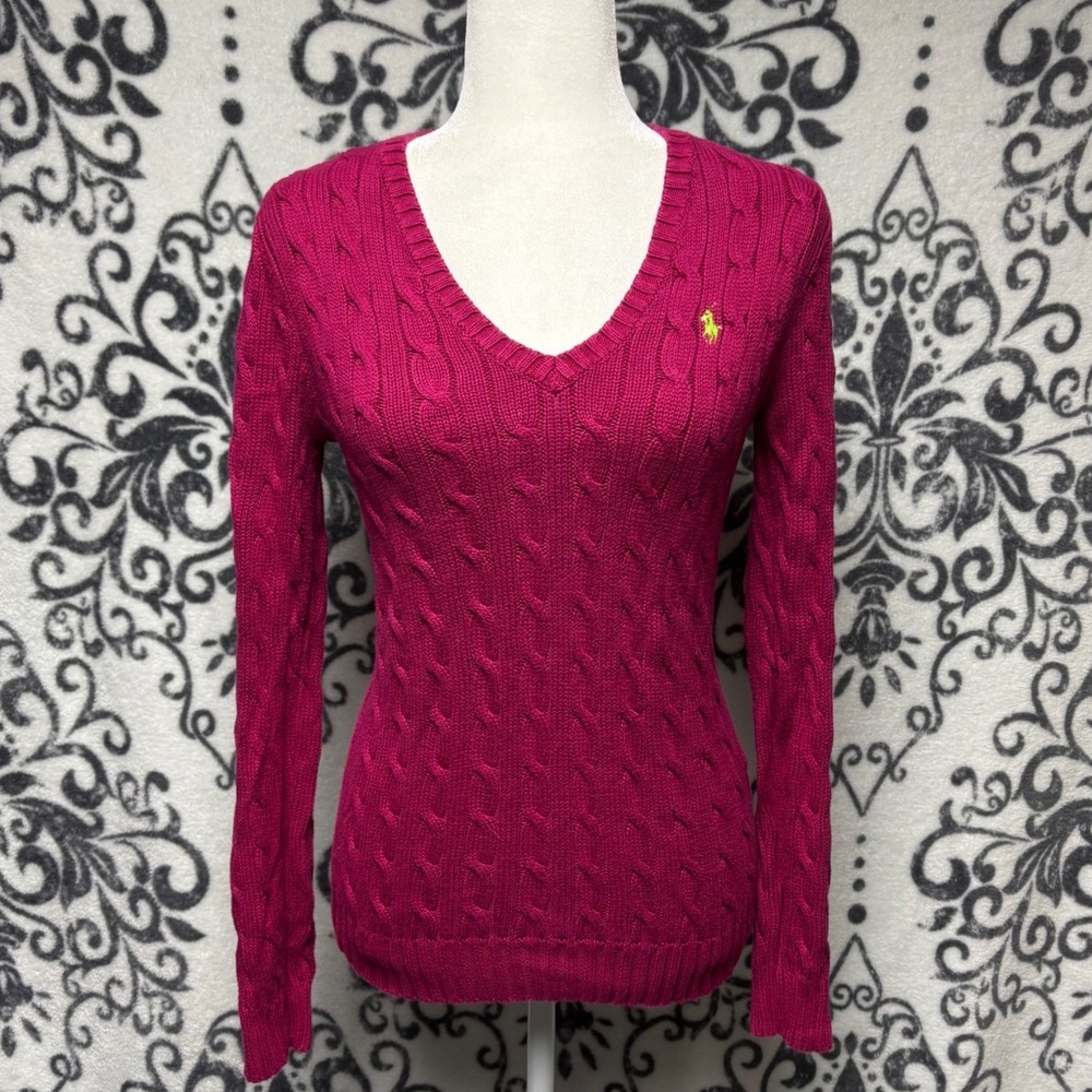 00s Ralph Lauren Sport Womens Magenta Pink Cable Knit V-Neck Cotton Sweater M
